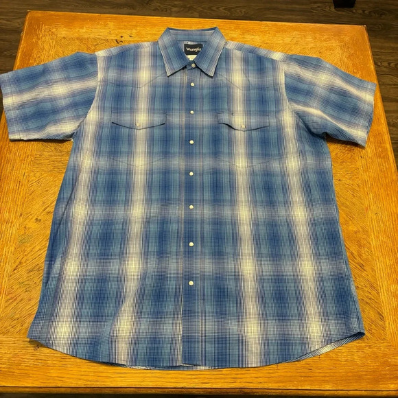 Wrangler Wrancher Blue Plaid Pearl Snap Short Sleeve Shirt Size 2XLT Men’s - Picture 1 of 5